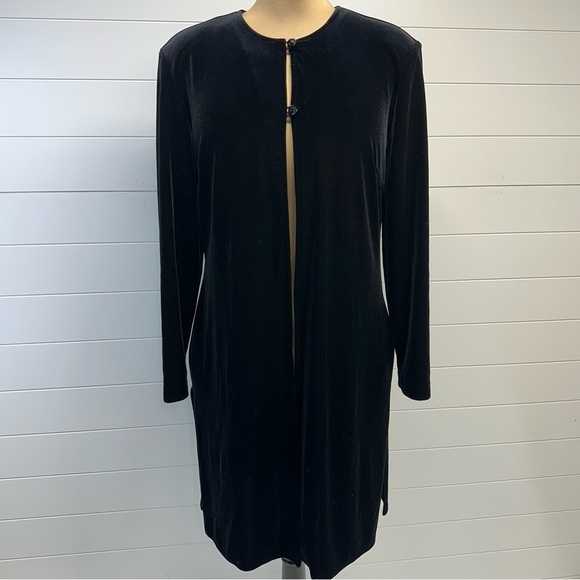 Vintage Black Velvet Longline Open Front Slight Stretch Cardigan Duster L/XL - Picture 1 of 9
